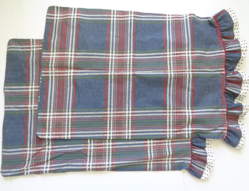 VTG Plaid Pillowcase Set Ruffled Springmaid Standard Size Blue Country Cottage